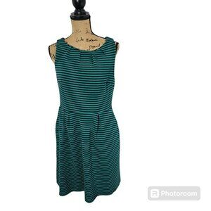 Mary McFadden Green Blue Striped FIt & Flare Sleeveless Dress Medium